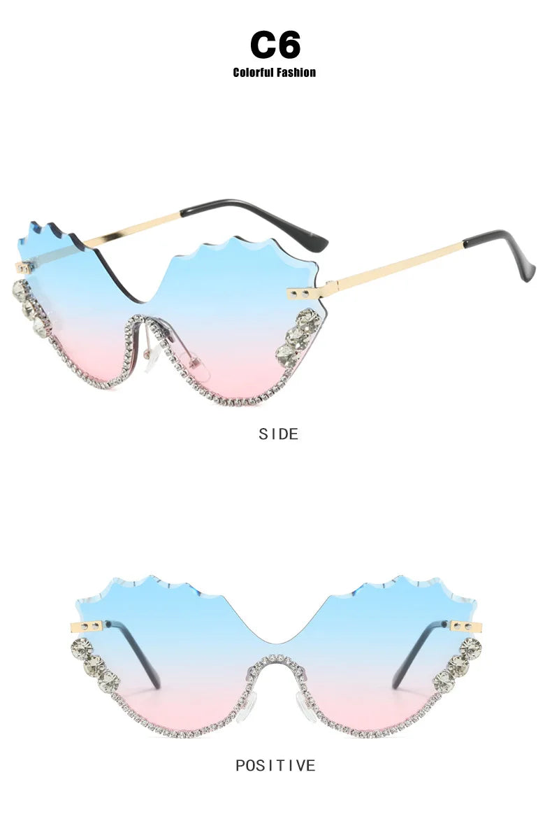 Luxury rhinestone Wave Rimless unisex Sunglasses Brand Designer Trendy Sunglasses Street Photography Party Female Eyewear UV400