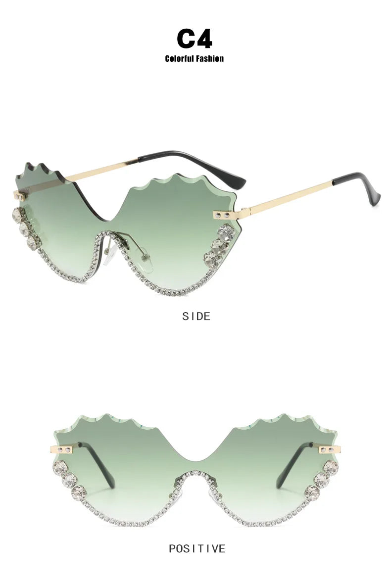 Luxury rhinestone Wave Rimless unisex Sunglasses Brand Designer Trendy Sunglasses Street Photography Party Female Eyewear UV400