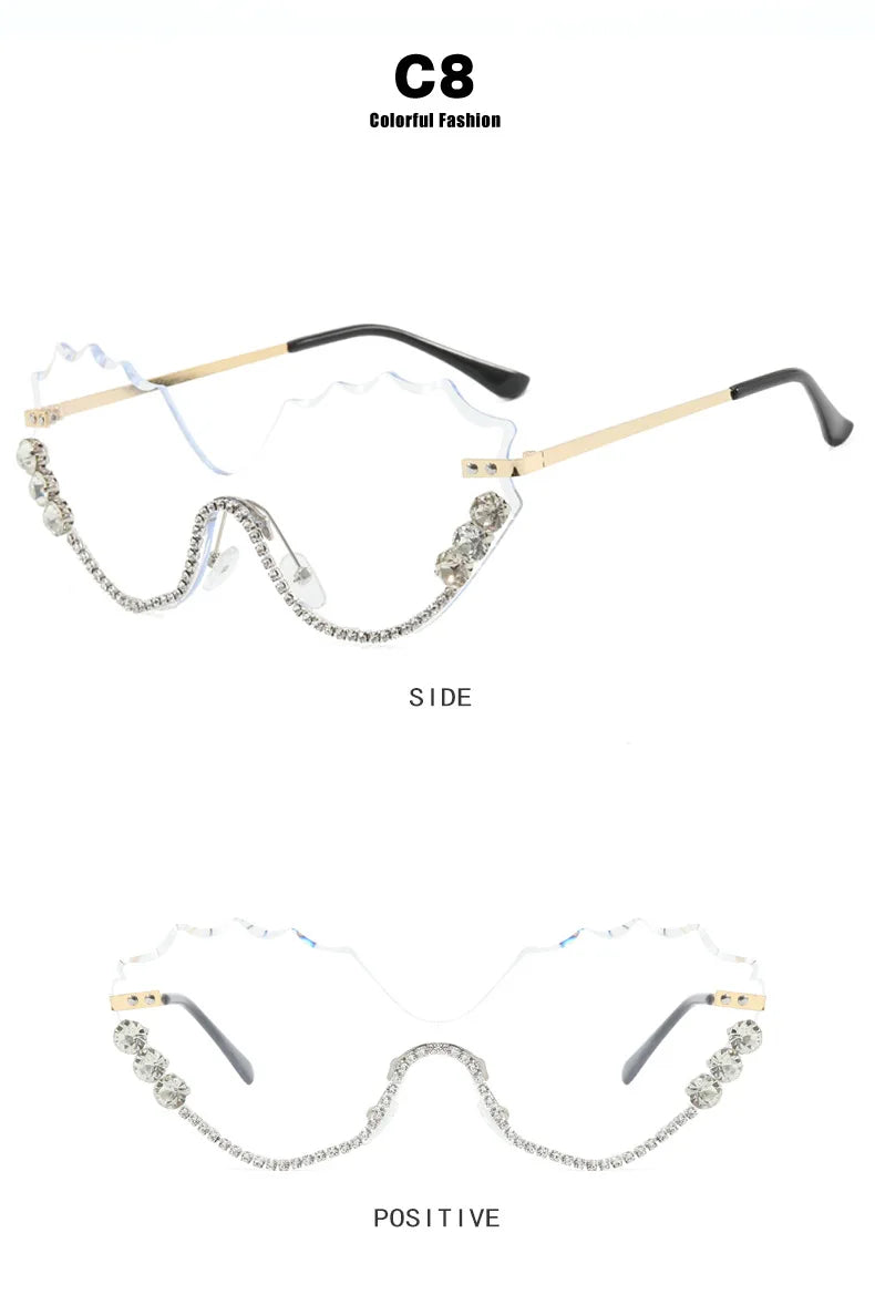 Luxury rhinestone Wave Rimless unisex Sunglasses Brand Designer Trendy Sunglasses Street Photography Party Female Eyewear UV400