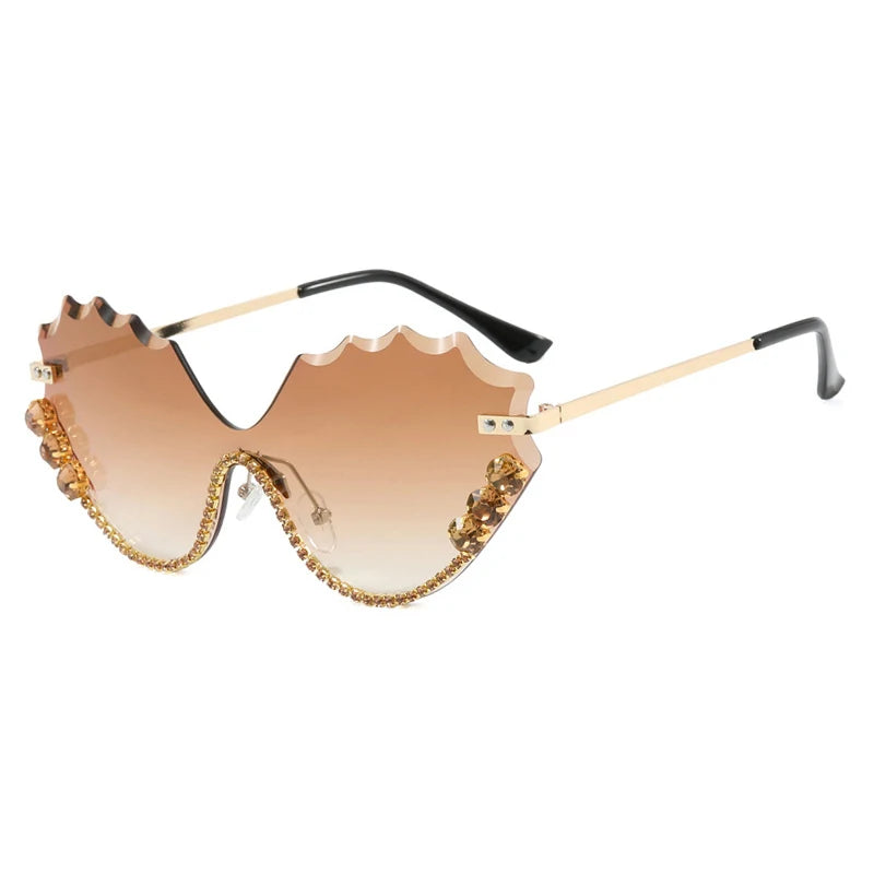 Luxury rhinestone Wave Rimless unisex Sunglasses Brand Designer Trendy Sunglasses Street Photography Party Female Eyewear UV400