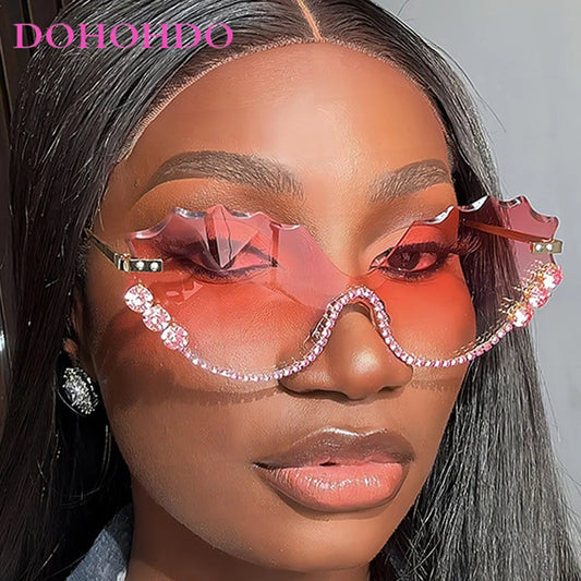 Luxury rhinestone Wave Rimless unisex Sunglasses Brand Designer Trendy Sunglasses Street Photography Party Female Eyewear UV400