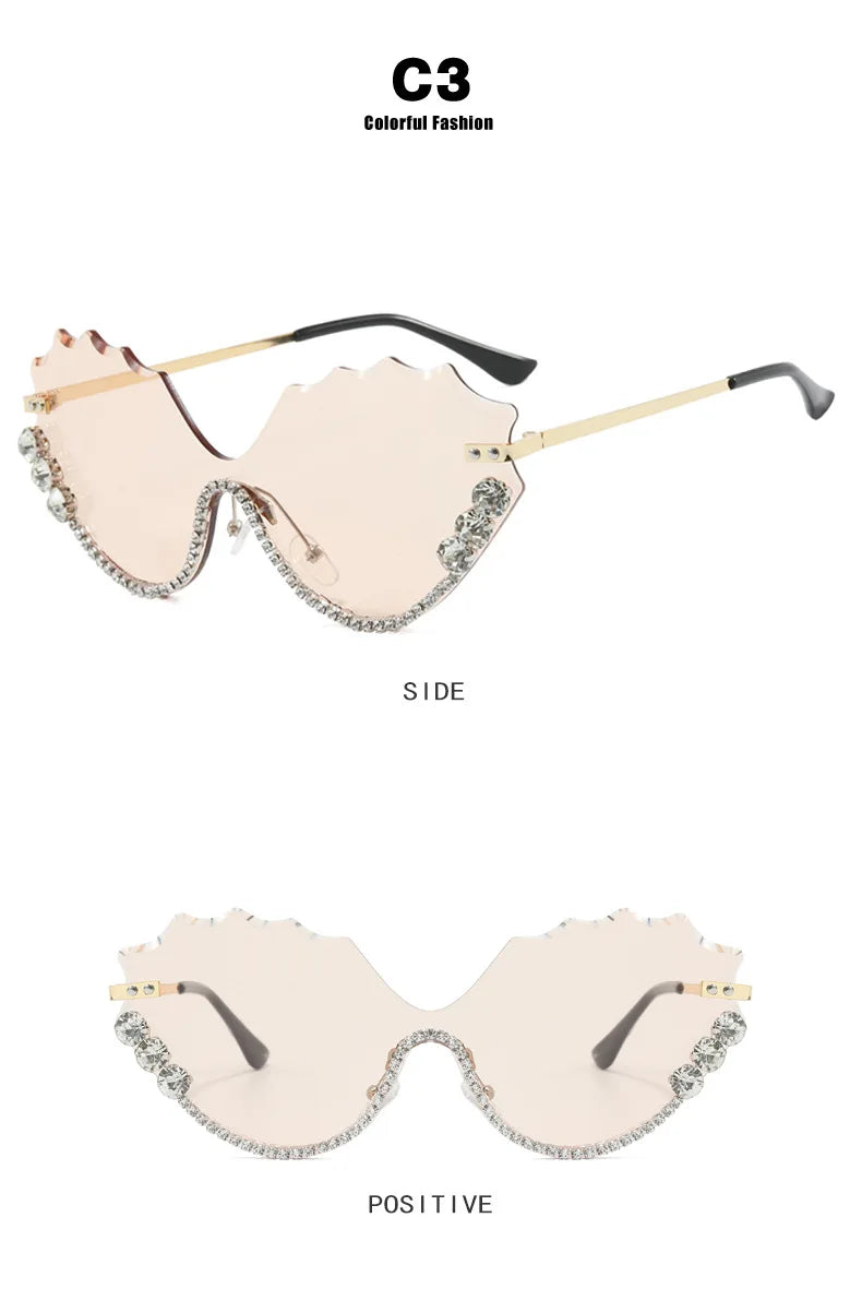 Luxury rhinestone Wave Rimless unisex Sunglasses Brand Designer Trendy Sunglasses Street Photography Party Female Eyewear UV400