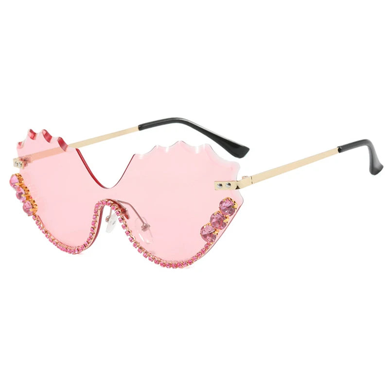 Luxury rhinestone Wave Rimless unisex Sunglasses Brand Designer Trendy Sunglasses Street Photography Party Female Eyewear UV400