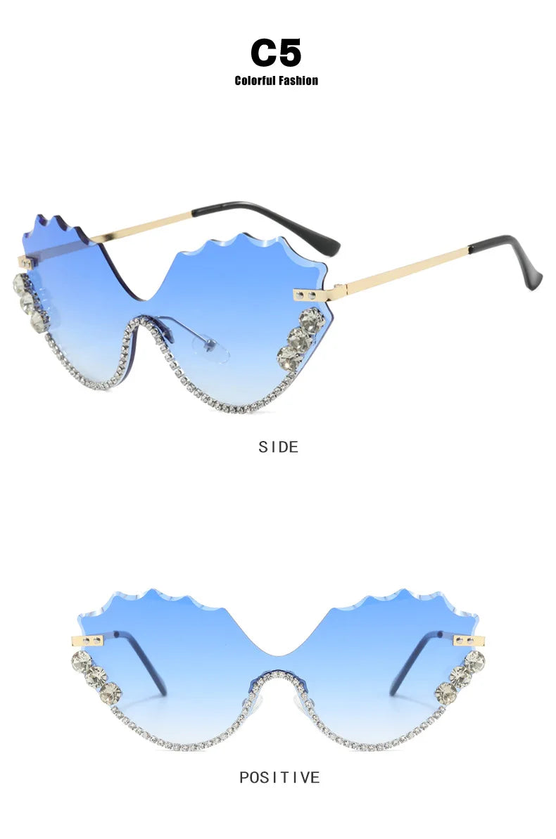 Luxury rhinestone Wave Rimless unisex Sunglasses Brand Designer Trendy Sunglasses Street Photography Party Female Eyewear UV400