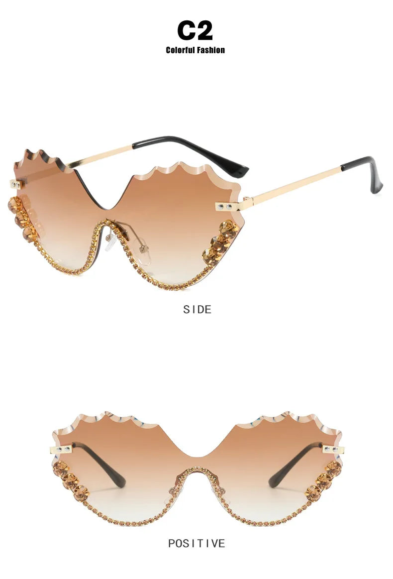 Luxury rhinestone Wave Rimless unisex Sunglasses Brand Designer Trendy Sunglasses Street Photography Party Female Eyewear UV400