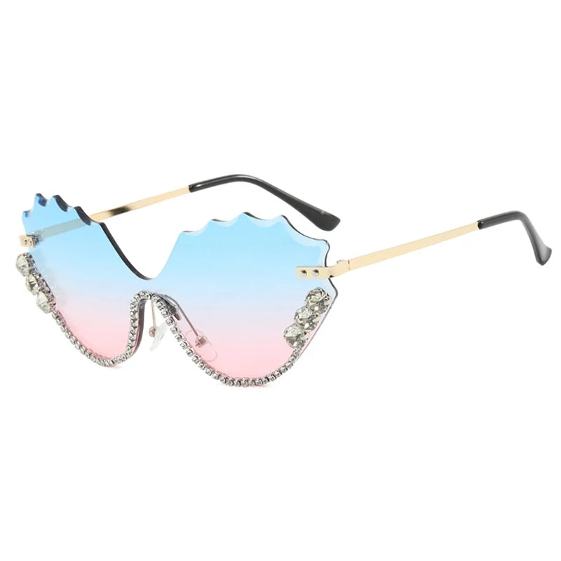 Luxury rhinestone Wave Rimless unisex Sunglasses Brand Designer Trendy Sunglasses Street Photography Party Female Eyewear UV400
