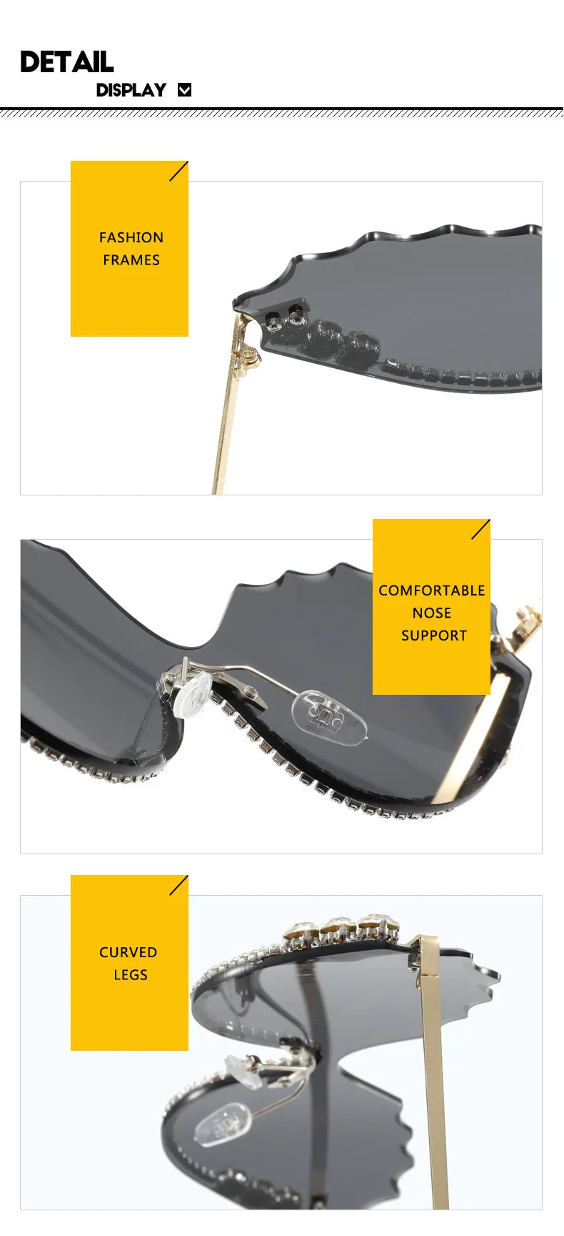 Luxury rhinestone Wave Rimless unisex Sunglasses Brand Designer Trendy Sunglasses Street Photography Party Female Eyewear UV400