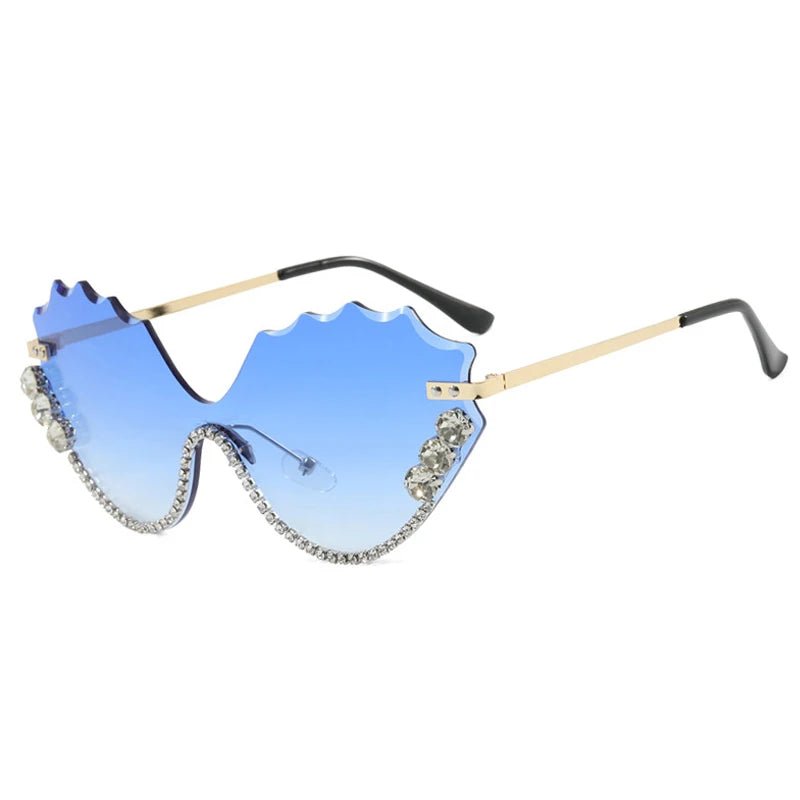 Luxury rhinestone Wave Rimless unisex Sunglasses Brand Designer Trendy Sunglasses Street Photography Party Female Eyewear UV400
