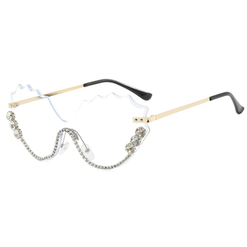 Luxury rhinestone Wave Rimless unisex Sunglasses Brand Designer Trendy Sunglasses Street Photography Party Female Eyewear UV400