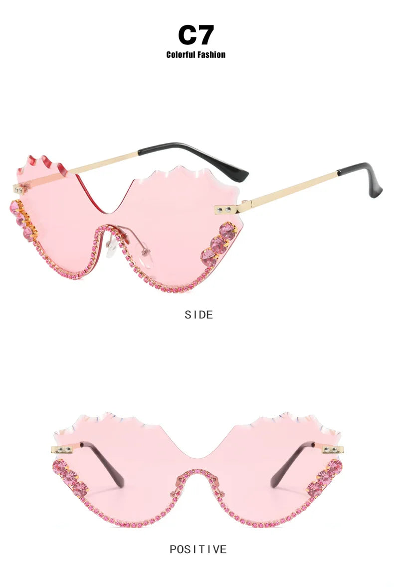 Luxury rhinestone Wave Rimless unisex Sunglasses Brand Designer Trendy Sunglasses Street Photography Party Female Eyewear UV400